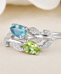 Floral Engagement Ring, Peridot and Aquamarine Leaves Nature Ring - Image 5