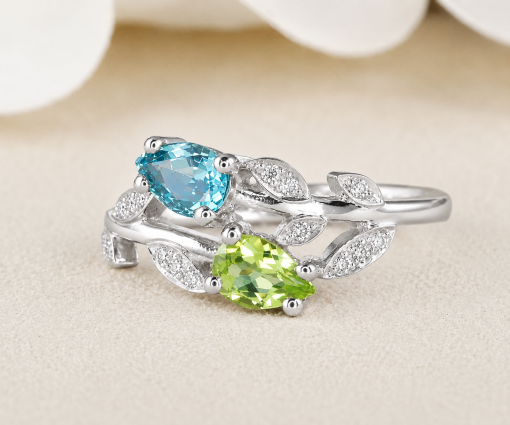 Floral Engagement Ring, Peridot and Aquamarine Leaves Nature Ring