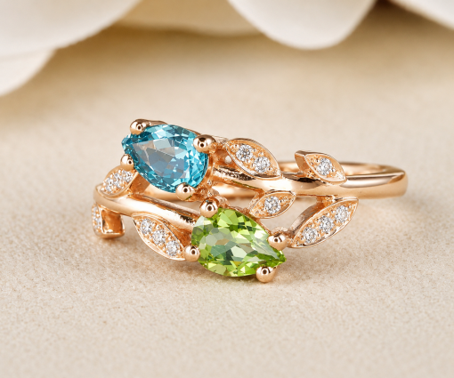 Floral Engagement Ring, Peridot and Aquamarine Leaves Nature Ring