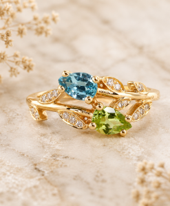 Floral Engagement Ring, Peridot and Aquamarine Leaves Nature Ring - Image 3