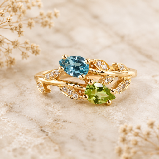Floral Engagement Ring, Peridot and Aquamarine Leaves Nature Ring
