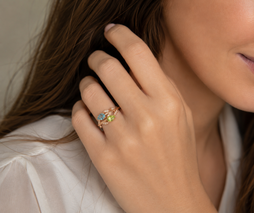 Floral Engagement Ring, Peridot and Aquamarine Leaves Nature Ring