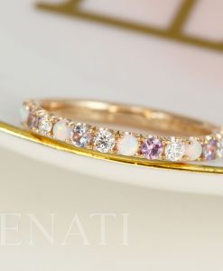 Opal Diamond Alexandrite Thin Pave Eternity Rose Gold  Ring, Multicolor White Gold Band - Image 4