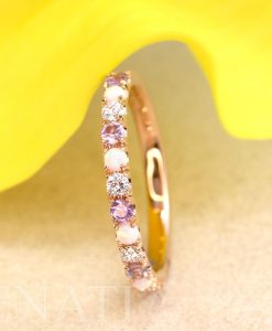 Opal Diamond Alexandrite Thin Pave Eternity Rose Gold  Ring, Multicolor White Gold Band - Image 6