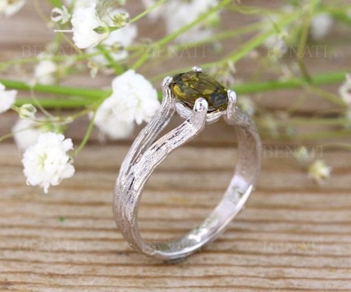 Bark Twig Tourmaline Engagement Ring, Green Tourmaline Solitaire Ring
