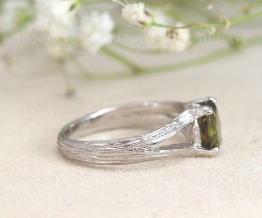 Bark Twig Tourmaline Engagement Ring, Green Tourmaline Solitaire Ring