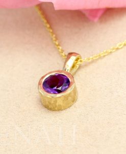 Gold 14k Delicate Link Birthstone Necklace, Hammered Garnet Pendant - Image 4