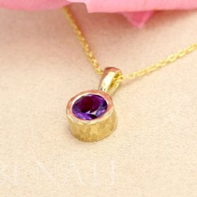 Gold 14k Delicate Link Birthstone Necklace, Hammered Garnet Pendant