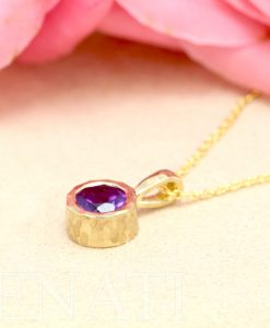 Gold 14k Delicate Link Birthstone Necklace, Hammered Garnet Pendant - Image 7