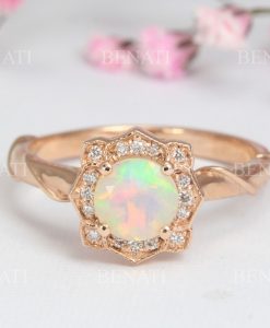 Opal engagement rose gold ring, Vintage flower promise ring - Image 2