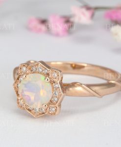 Opal engagement rose gold ring, Vintage flower promise ring - Image 3