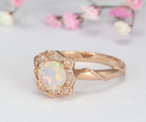 Opal engagement rose gold ring, Vintage flower promise ring