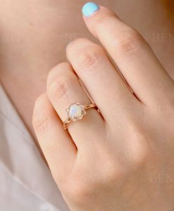 Opal engagement rose gold ring, Vintage flower promise ring - Image 5