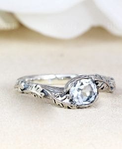 Promise leaf ring with gemstone in silver, White sapphire ring