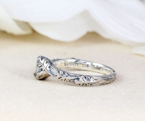 Promise leaf ring with gemstone in silver, White sapphire ring