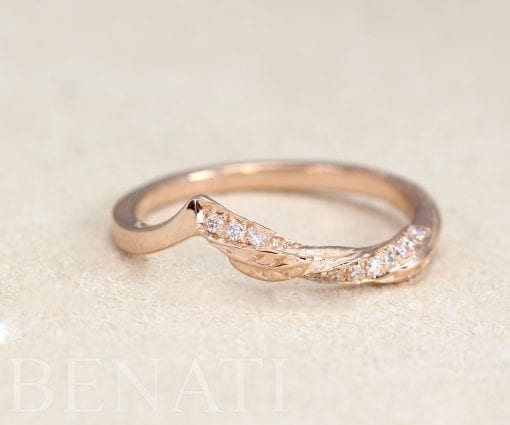 Leaf twig Curved diamond wedding band, Chevron Mobius Profile Ring In 14k Gold