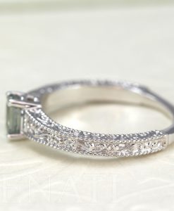 Green Sapphire Vintage Ring, Antique Scroll Engagement Ring - Image 3