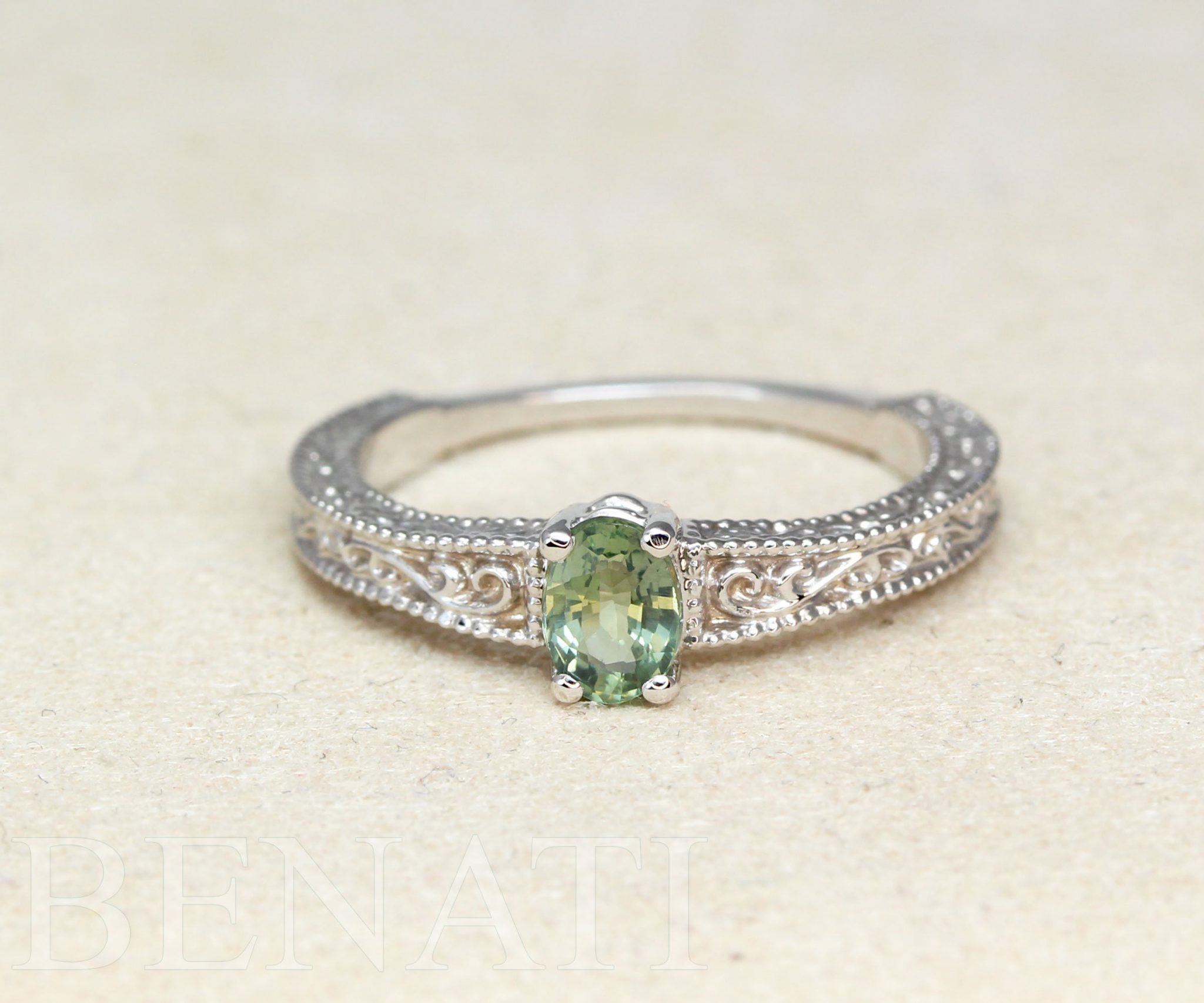 Green sapphire vintage ring, Antique engagement ring Benati