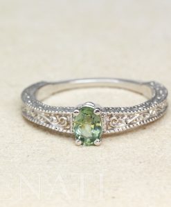 Green Sapphire Vintage Ring, Antique Scroll Engagement Ring - Image 7