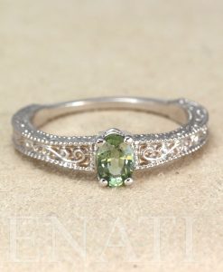 Green Sapphire Vintage Ring, Antique Scroll Engagement Ring - Image 8