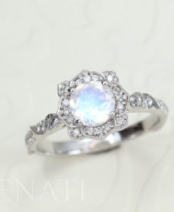 Lotus Flower Moonstone Diamond Engagement Ring, Solid Gold Vintage Halo Engagement Ring - Image 3
