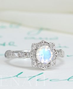 Lotus Flower Moonstone Diamond Engagement Ring, Solid Gold Vintage Halo Engagement Ring - Image 6