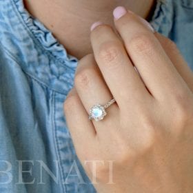 Lotus flower Moonstone Diamond Engagement Ring, Solid Gold Vintage Halo Engagement Ring