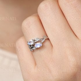 Moonstone Floral Engagement Ring, Leaves Nature Rainbow Moonstone Ring