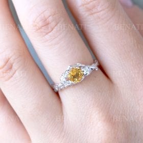 Unique Natural Citrine Leaf Ring, Citrine 14k 18k Gold Engagement Ring