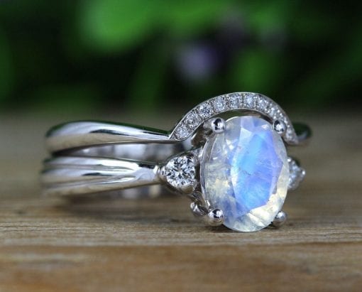 Rainbow Moonstone Wedding Ring Set, Antique Moonstone Engagement Ring Set