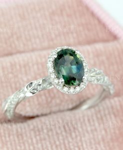 Teal sapphire engagement ring, Nature inspired 1 carat oval natural sapphire 14k solid gold - Image 2