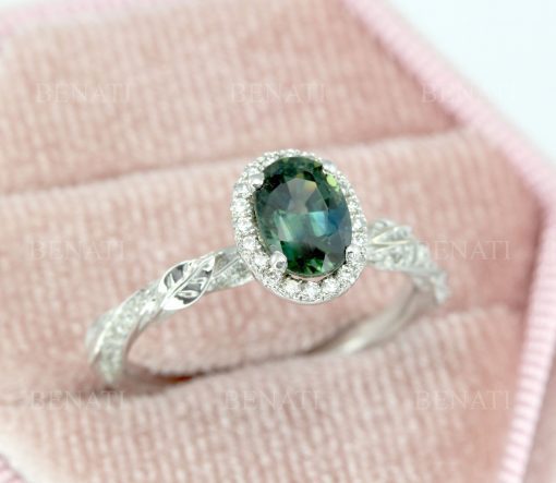 Teal sapphire engagement ring, Nature inspired 1 carat oval natural sapphire 14k solid gold