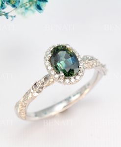 Teal sapphire engagement ring, Nature inspired 1 carat oval natural sapphire 14k solid gold - Image 3