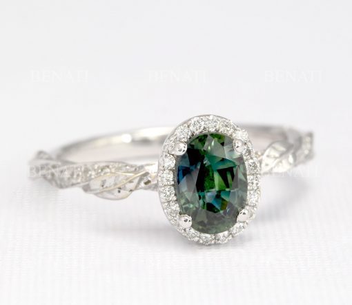 14k white gold Teal sapphire engagement ring