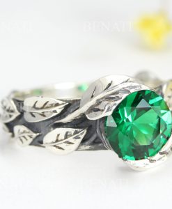 Leaf Ring With Emerald In Silver, Green Stone Leaf Ring - Image 4
