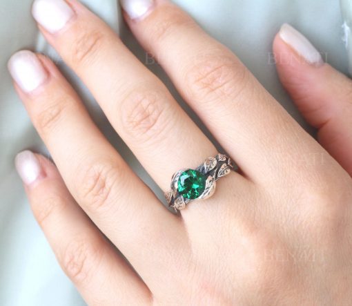 Leaf Ring With Emerald In Silver, Green Stone Leaf Ring
