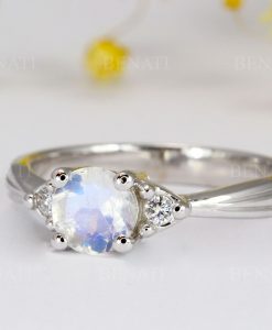 Vintage Moonstone Engagement Ring, Antique Diamond Rainbow Moonstone Ring - Image 6