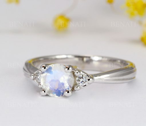 Vintage Moonstone Engagement Ring, Antique Diamond Rainbow Moonstone Ring