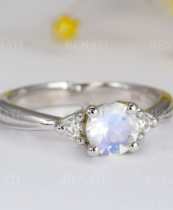 Vintage Moonstone Engagement Ring, Antique Diamond Rainbow Moonstone Ring - Image 7
