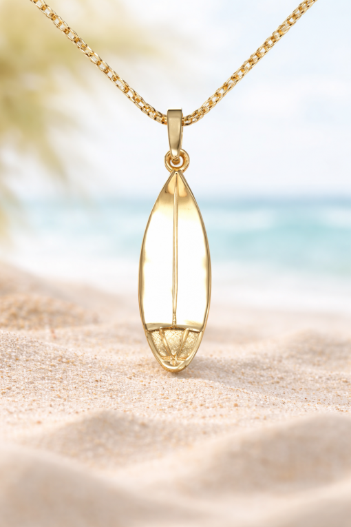 14k Surfboard Necklace, Gold Surf Pendant