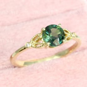 Green sapphire engagement ring, Vintage floral sapphire ring