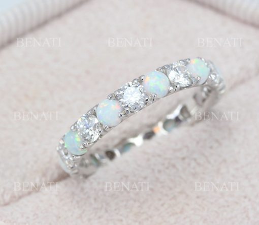 Full Eternity White Opal and Diamond  Band, Opal Ring