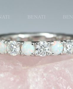 Full Eternity White Opal and Diamond  Band, Opal Ring - Image 2