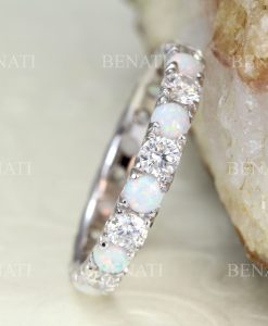 Full Eternity White Opal and Diamond  Band, Opal Ring - Image 3
