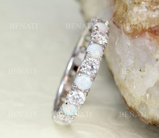 Full Eternity White Opal and Diamond  Band, Opal Ring