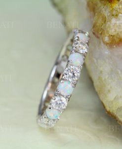 Full Eternity White Opal and Diamond  Band, Opal Ring - Image 10