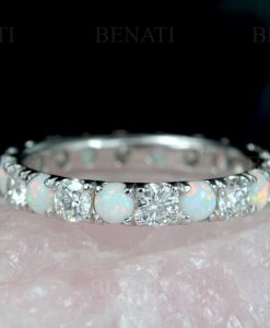 Full Eternity White Opal and Diamond  Band, Opal Ring - Image 11