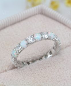 Full Eternity White Opal and Diamond  Band, Opal Ring - Image 9