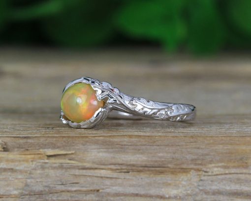 Natural Genuine Opal Leaf Engagement Ring, Fire Opal Leaves Ring