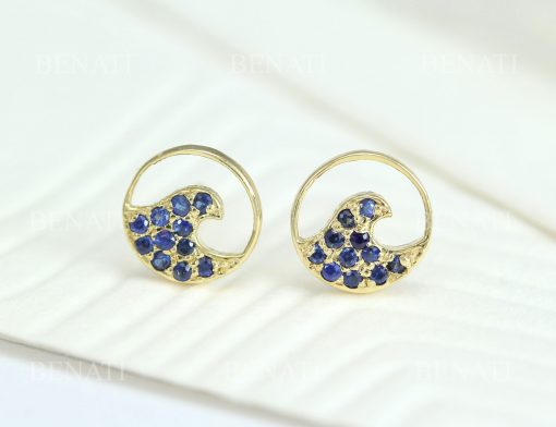 14k Gold Wave Sapphire Earrings, Surf Stud Earrings